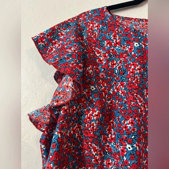 2X Red Floral Ruffle‎ Sleeve Blouse – Teal Accents - Picture 2 of 4